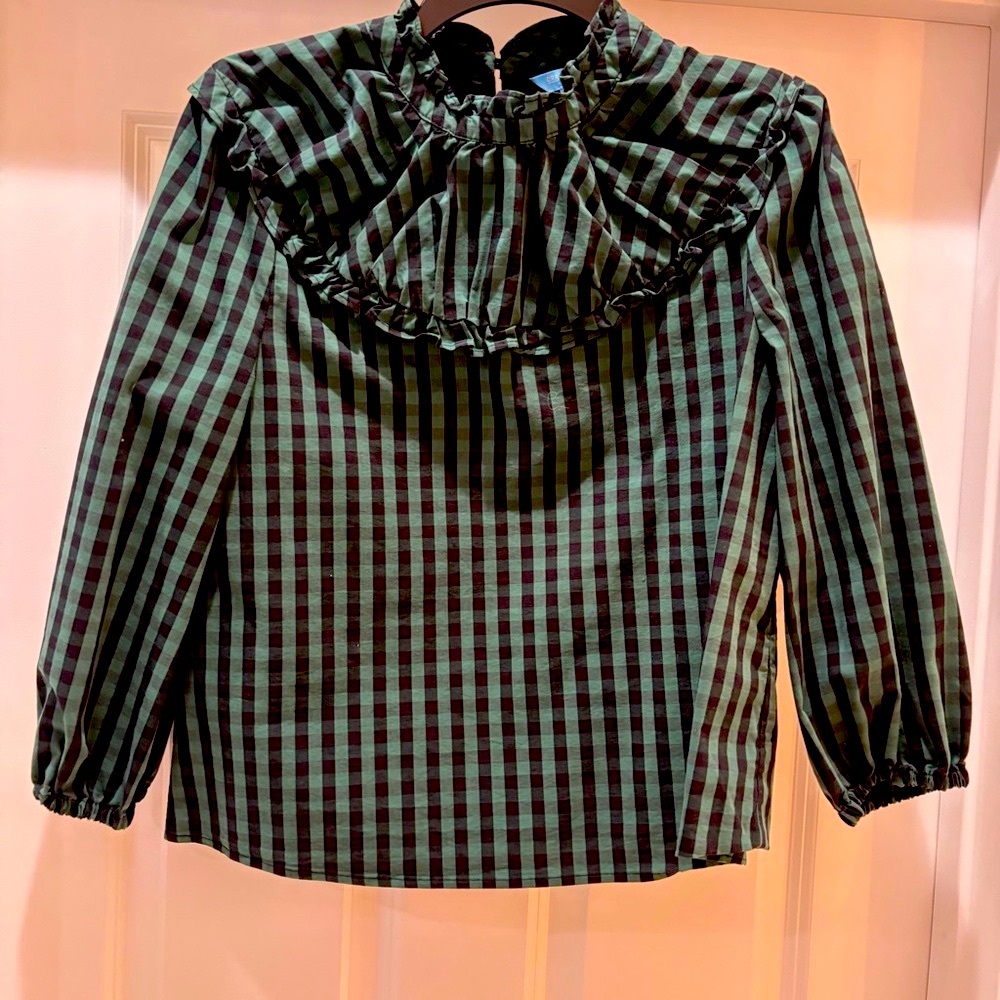 Draper James Green and Black Checkered Blouse